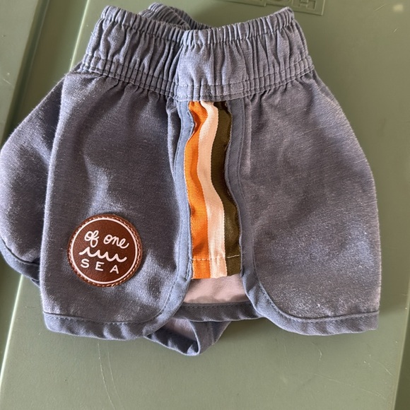 Of One Sea Swim Shorts size 1/2 Blue with retro side stripes. - Picture 3 of 7